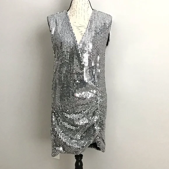 ZARA Draped Silver Sequin Dress - Picture 9 of 16